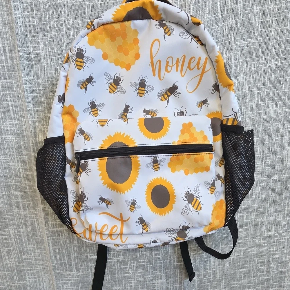 Bee Honeycomb Sunflower Print Kids Backpack With Mesh Pockets And Zipper Accent